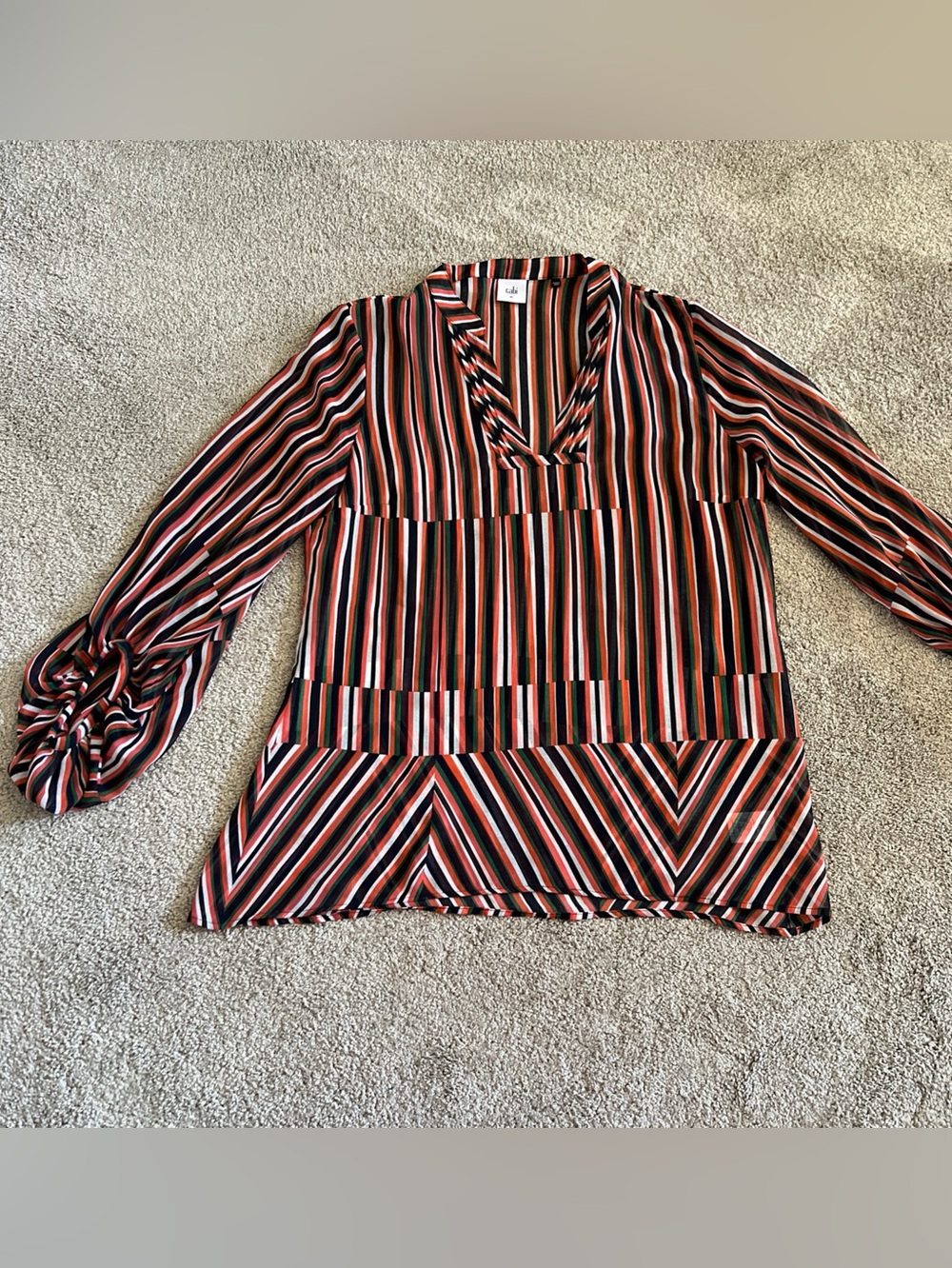 Cabi Blouse Multi Color Striped Long Sleeve Balloon Semi Sheer Top V Neck